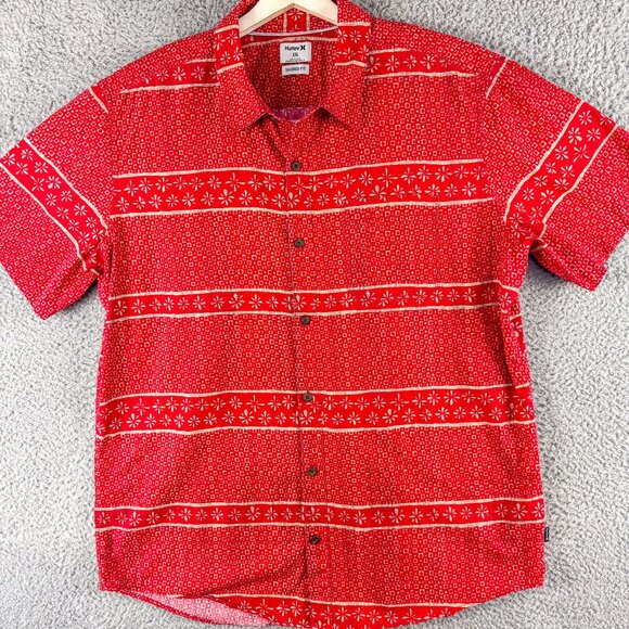 Hurley Shirt Mens XXL Red Floral Tropical Hawaiian Camp Casual Outdoor Preppy - Picture 1 of 12